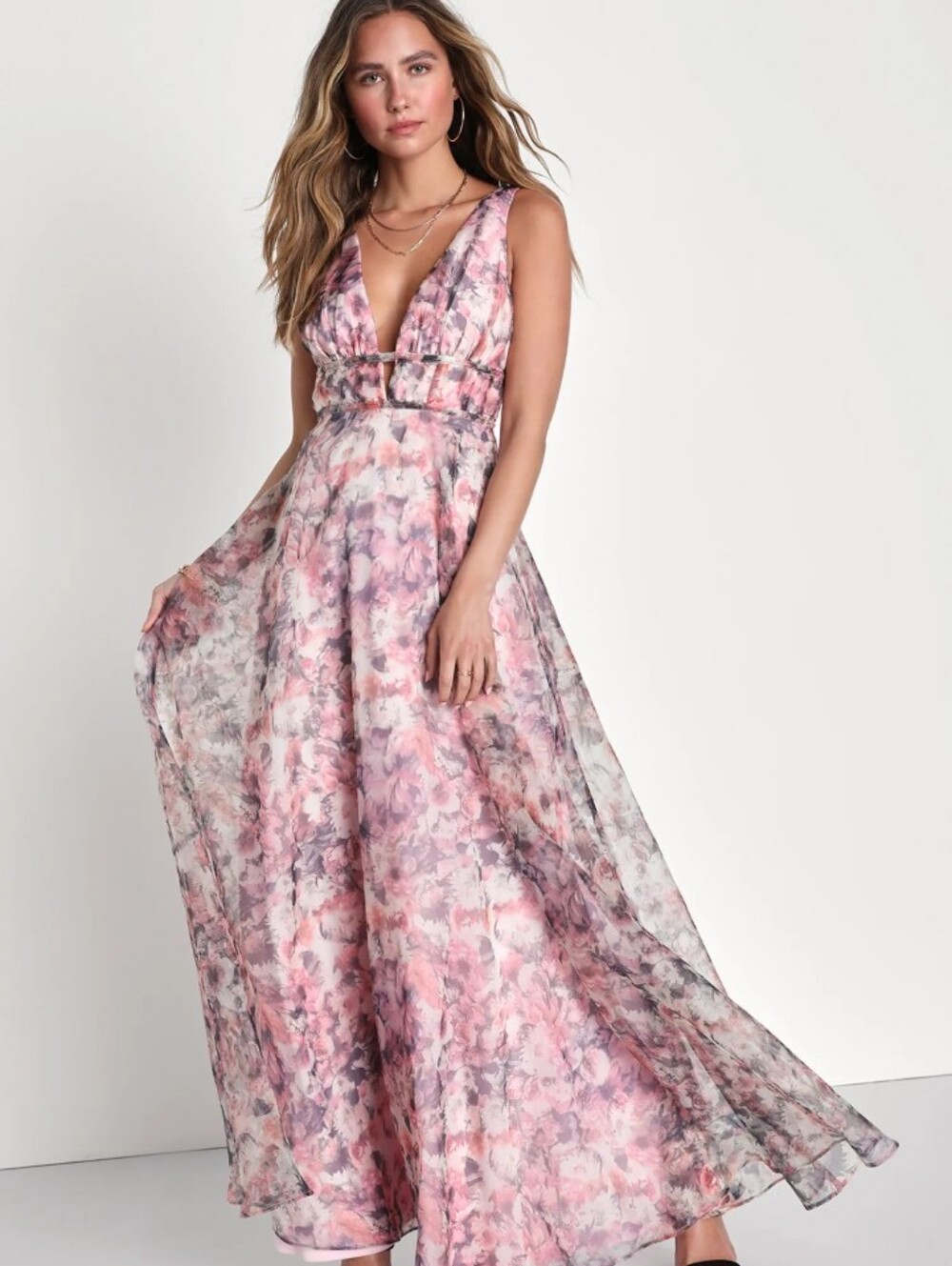 Lulus Garden Romance Magenta Floral Print Organza Maxi Dress